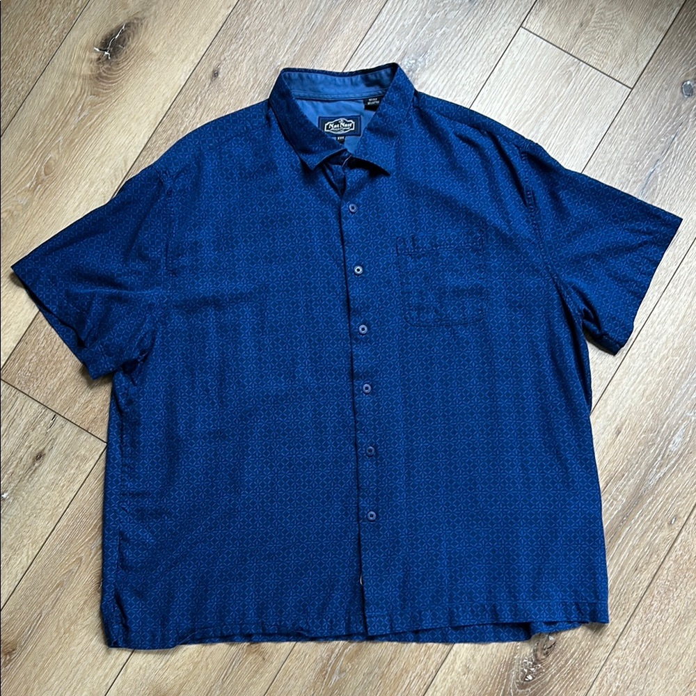 Nat Nast Men Button Up Shirt 2XL Blue Silk Blend Luxury Originals Short Sleeve
